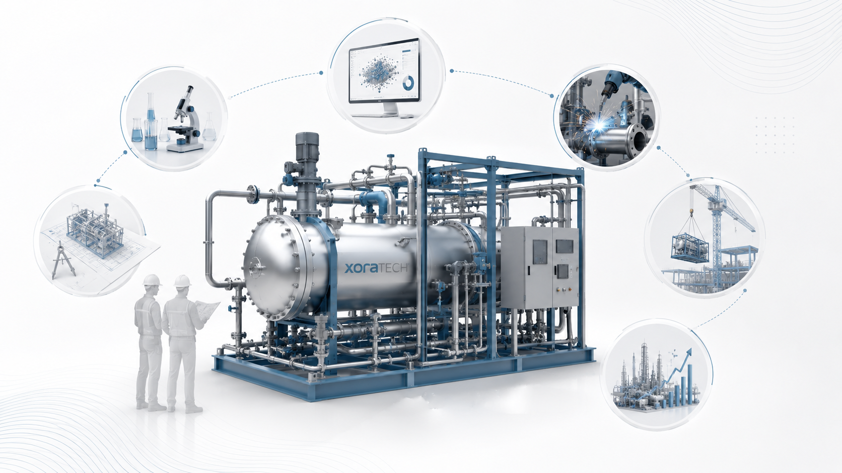 Equipo industrial XORATECH con representación de análisis, ingeniería, fabricación e instalación